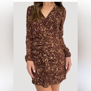 Save The Label Aura Beige/Brown Base Abstract Print Ruched Long Sleeve Dress-M